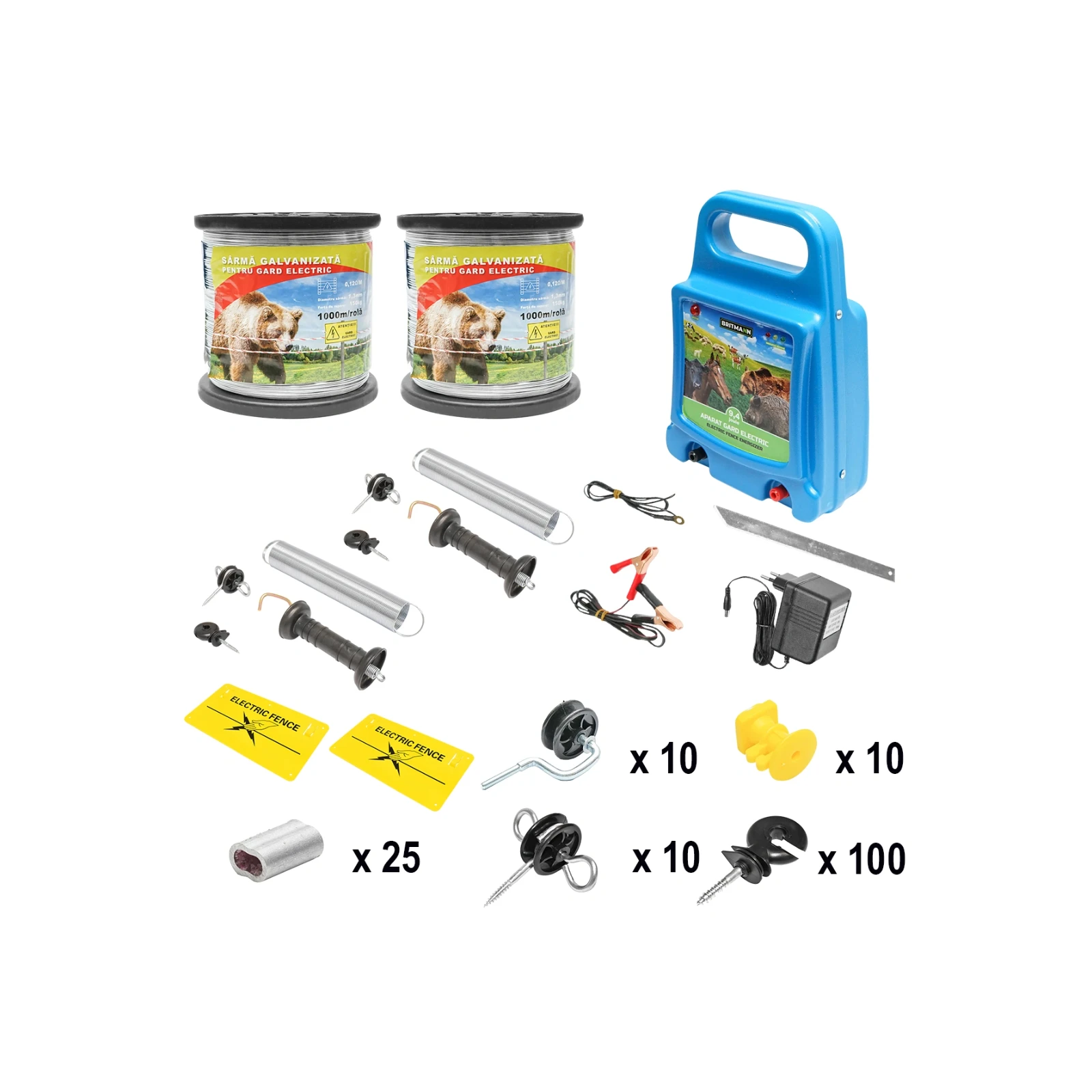 Kit complet gard electric 12/220V, 9.4 Joule lungime sarma 2000m, 100 izolatori si placute avertizare Britmann