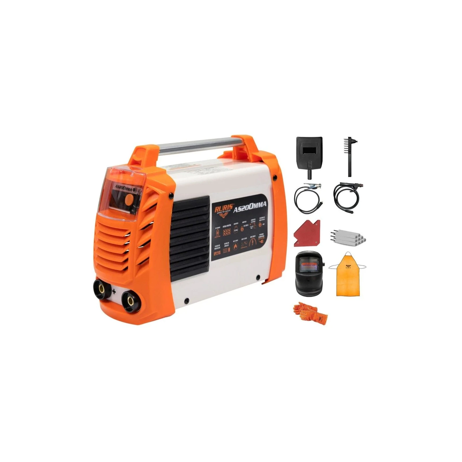 Aparat de sudura AS200MMA + KIT PRO W3 RURIS, aparat tip invertor, tip sudura MMA, diametru electrozi 2.5 mm - 4 mm, afisaj digital