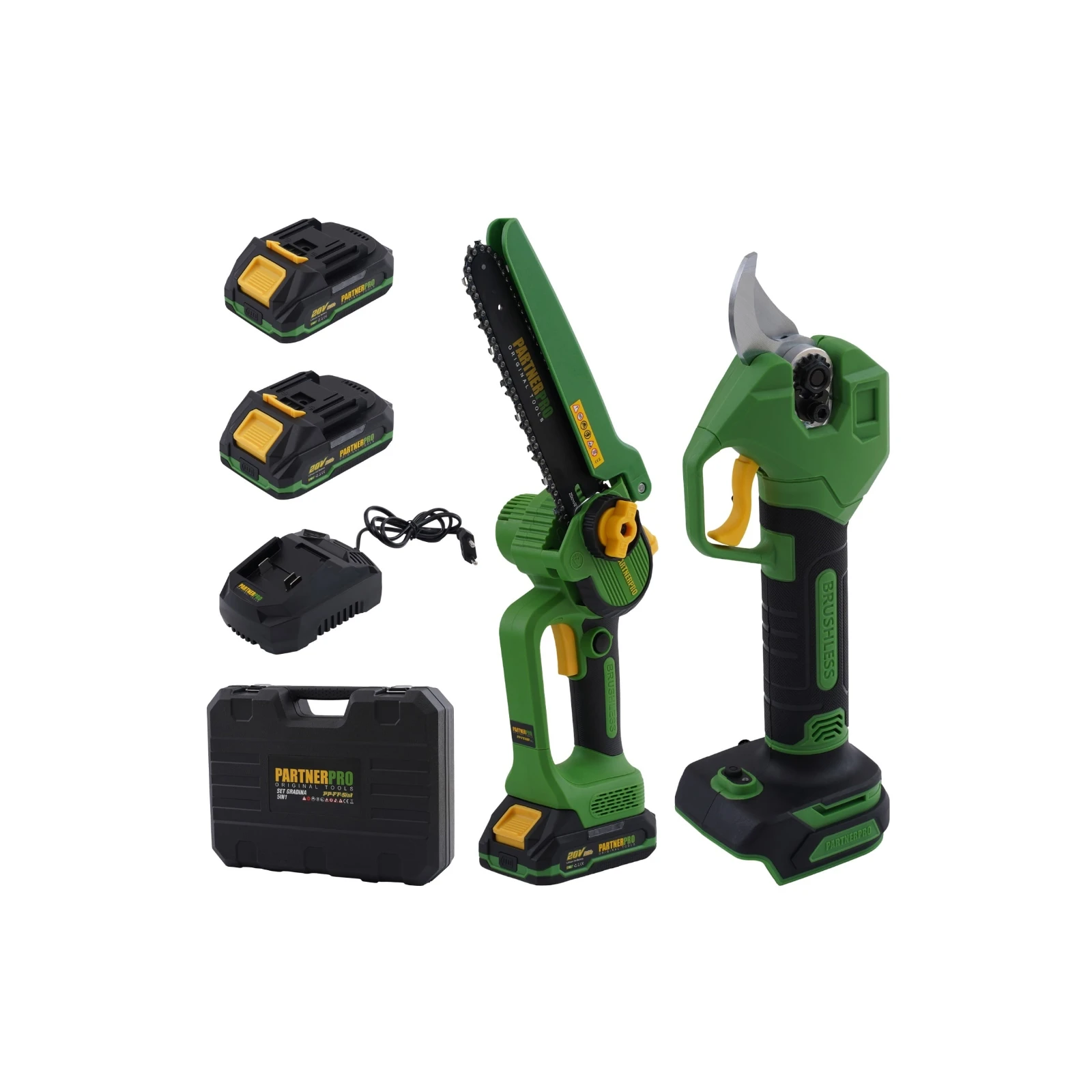 Set foarfecă de grădină și fierăstrău cu lanț pe acumulator PARTNERPRO PP-FF 5 IN 1, 2 acumulatori 20 V/2Ah Brushless