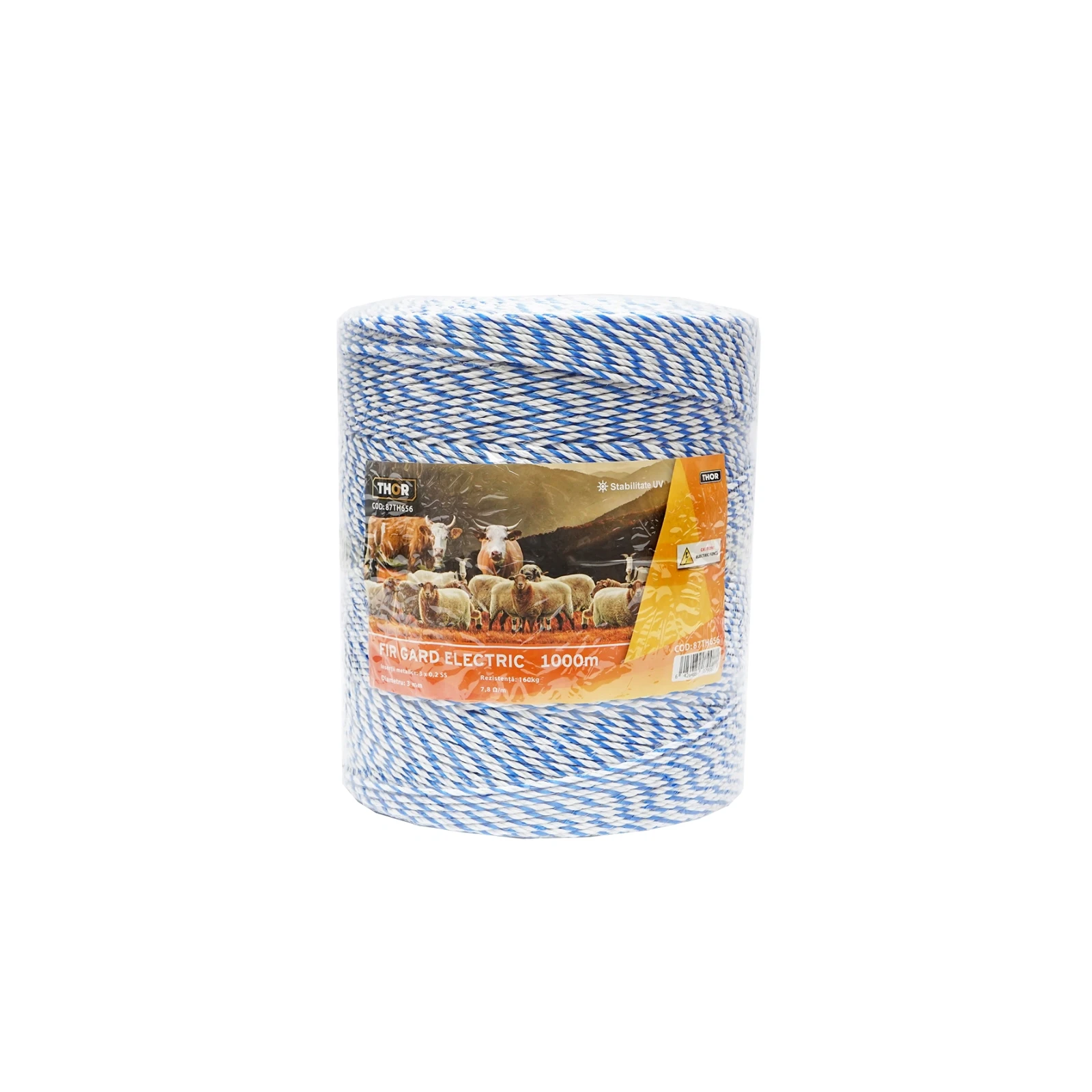 Rola fir alb-albastru fi 3mm insertie metalica 3x0.2mm SS, rezistenta 7.8 Ohm/m, 1000m gard electric Thor