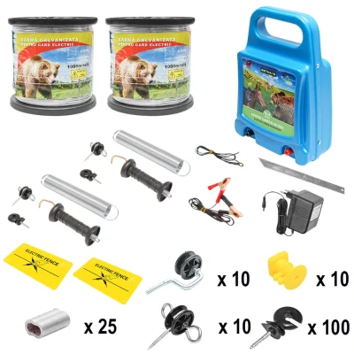 Kit complet gard electric 12/220V, 9.4 Joule lungime sarma 2000m, 100 izolatori si placute avertizare Britmann